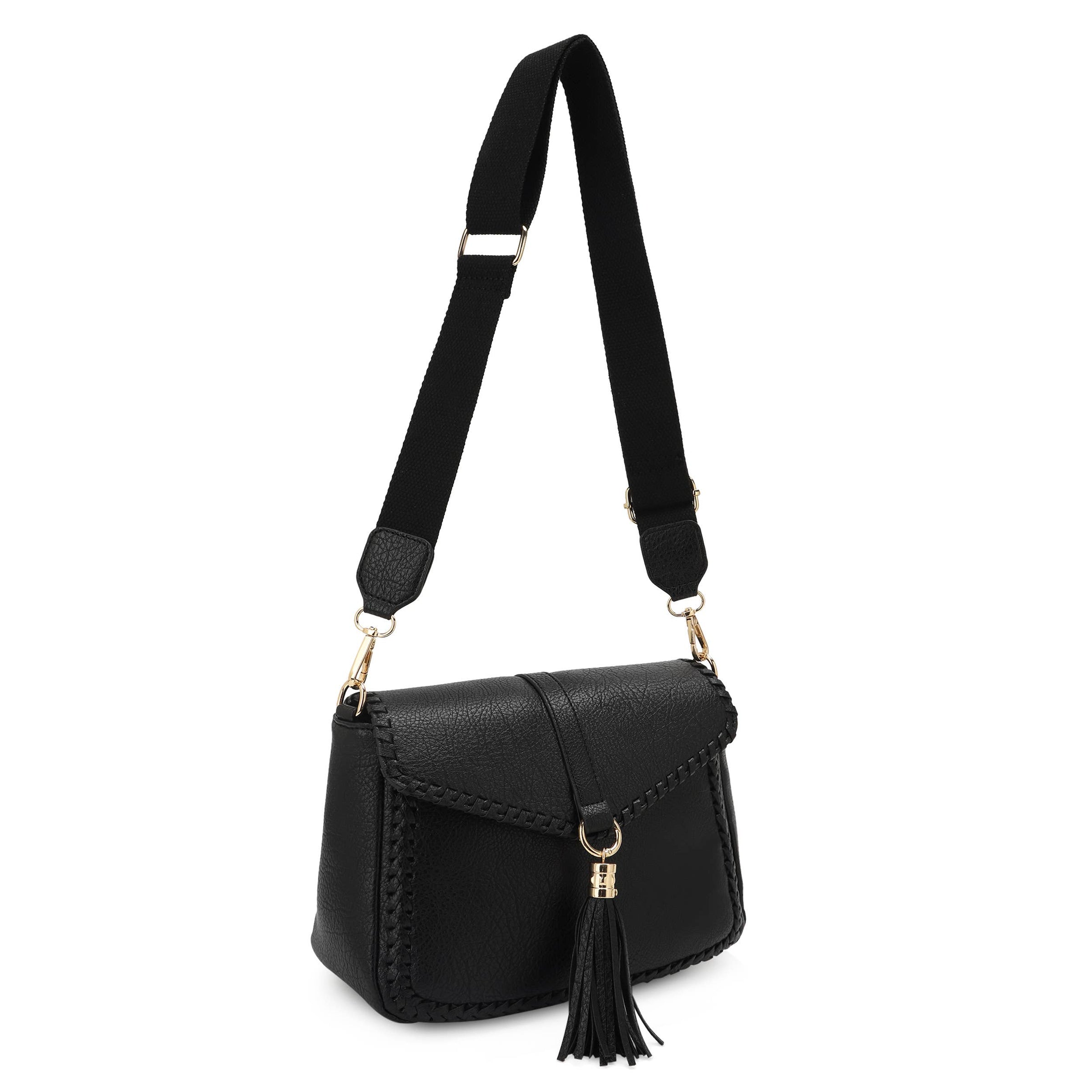 Distressed Vegan Leather Flapover Crossbody Bag with Tassel
