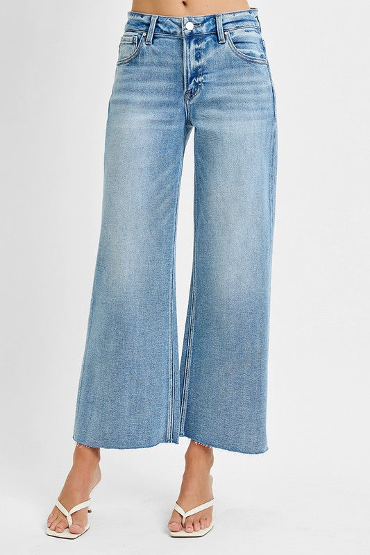Risen Mid Rise Crop Wide Raw Cut Hem Jeans