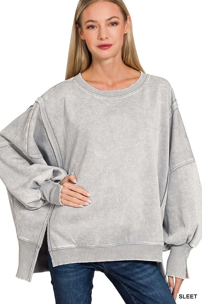Acid Washed Batwing Sleeve Fleece Sweatshirt Three Colors!