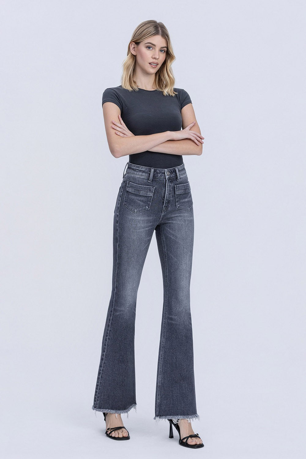 Lovervet High Rise Dark Grey Front Patch Pocket Flare Jeans