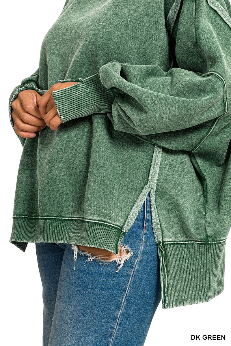 Plus Acid Washed Batwing Sleeve Hi-low Fleece Sweatshirts