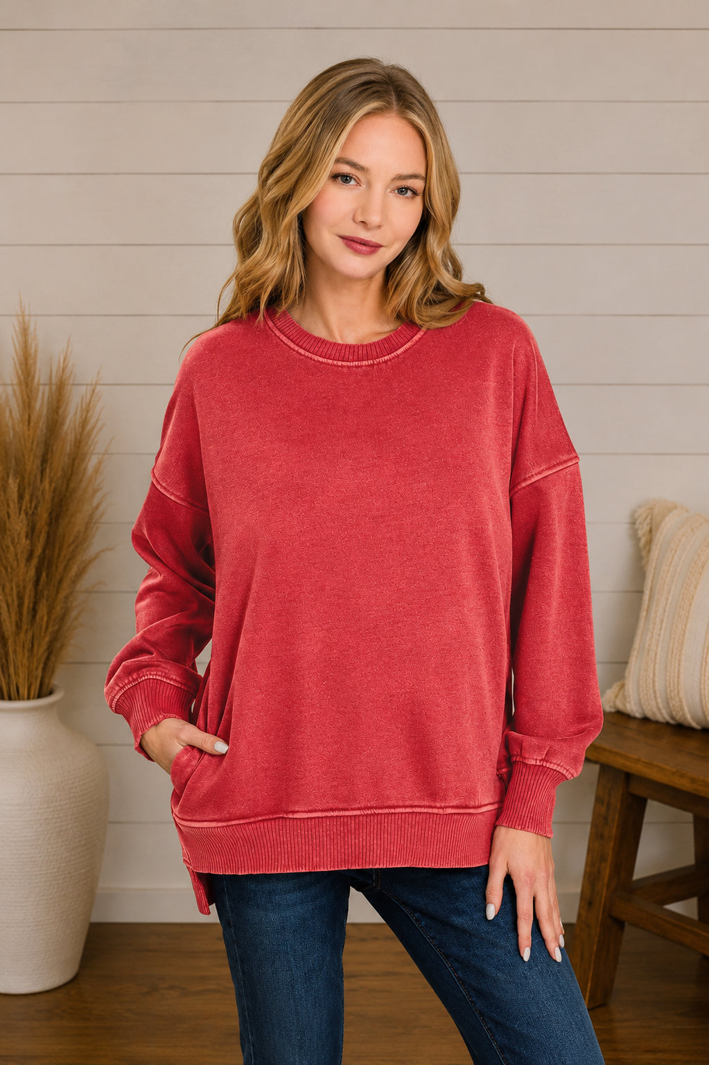 Pigment Dye Fleece Hi-low Hem Pullover With Pocket