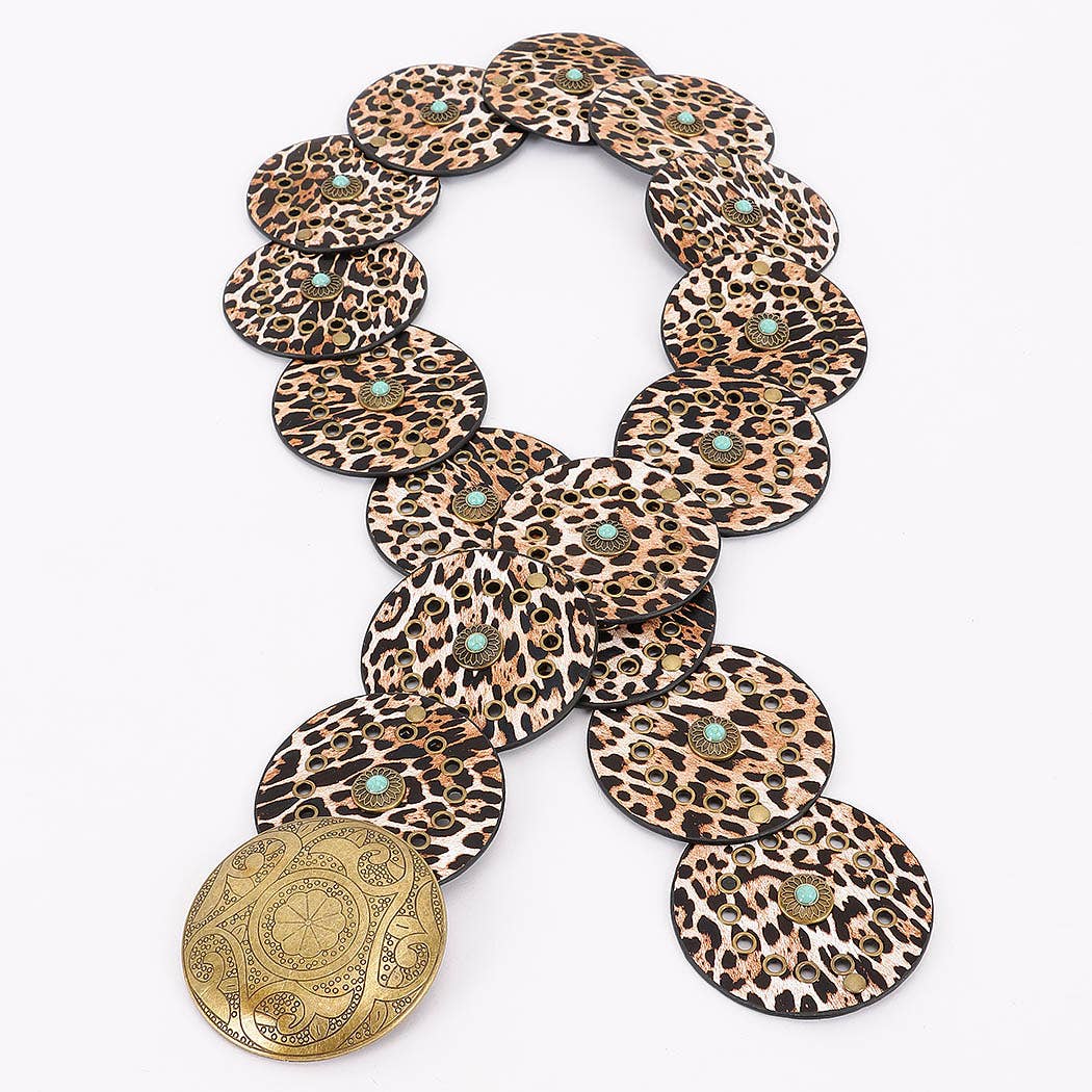 Faux Leather Disc Belt Leopard or Cow Print