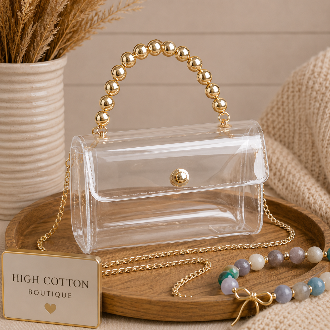 Transparent Gold Handle Flap Stadium Clutch