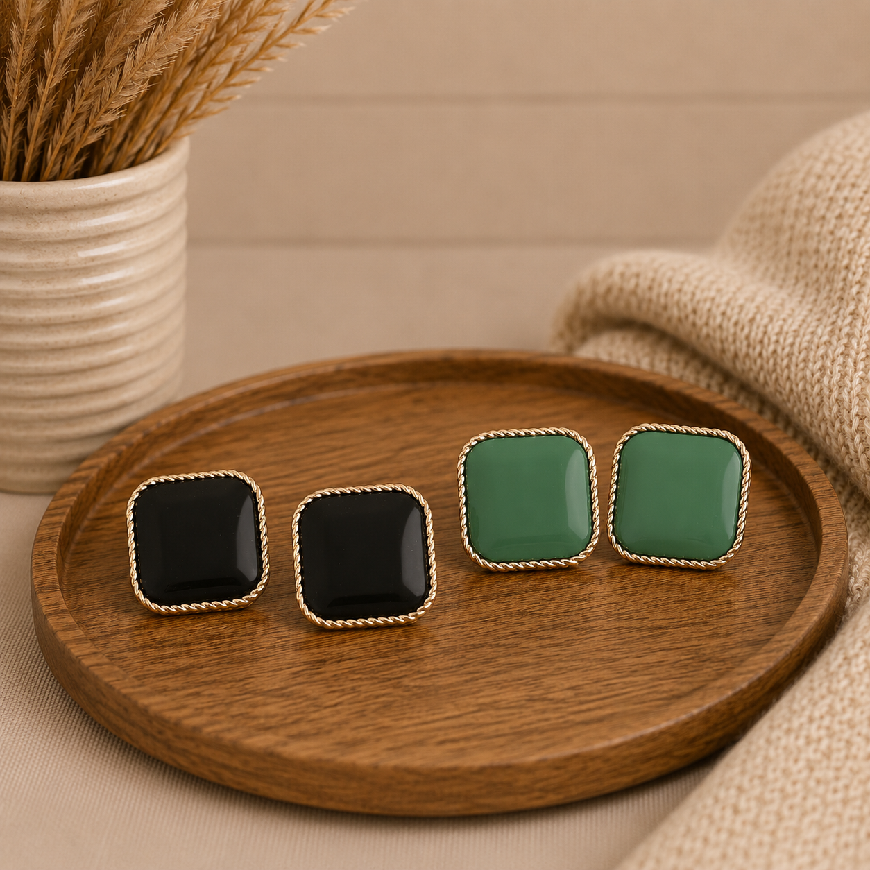 Twisted Solid Box Stud Earrings Green or Black