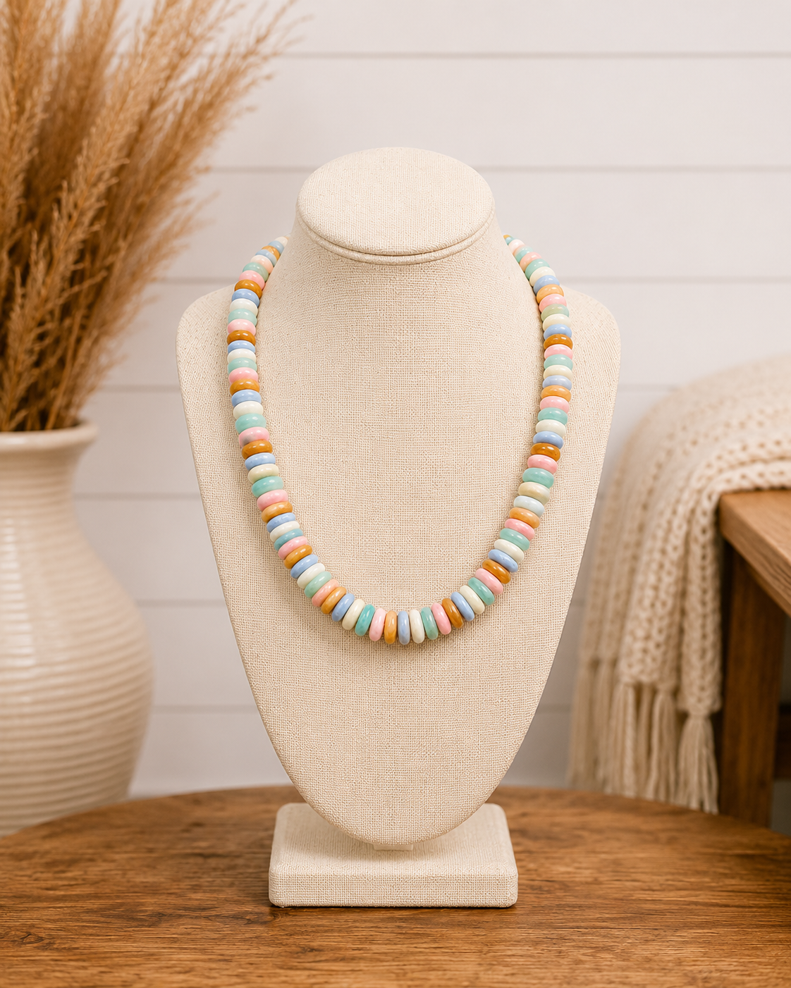 Wide Disc Marble Beaded Necklace: Pink Multi