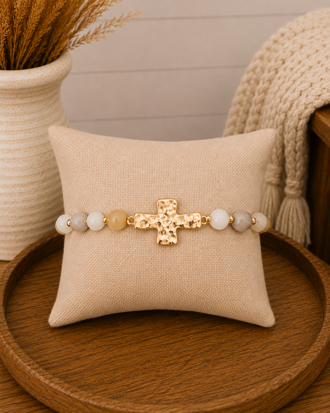 Hammered Cross Pendant Beaded Statement Bracelet - Ivory
