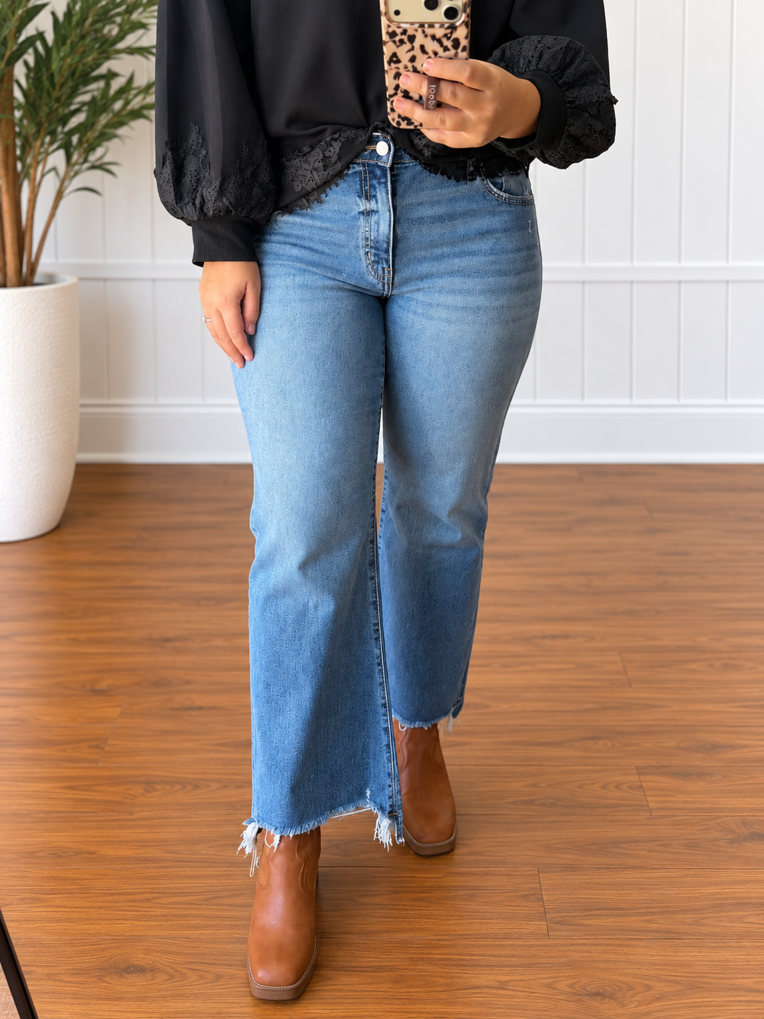 Kancan High Rise Wide Flare Frayed Denim
