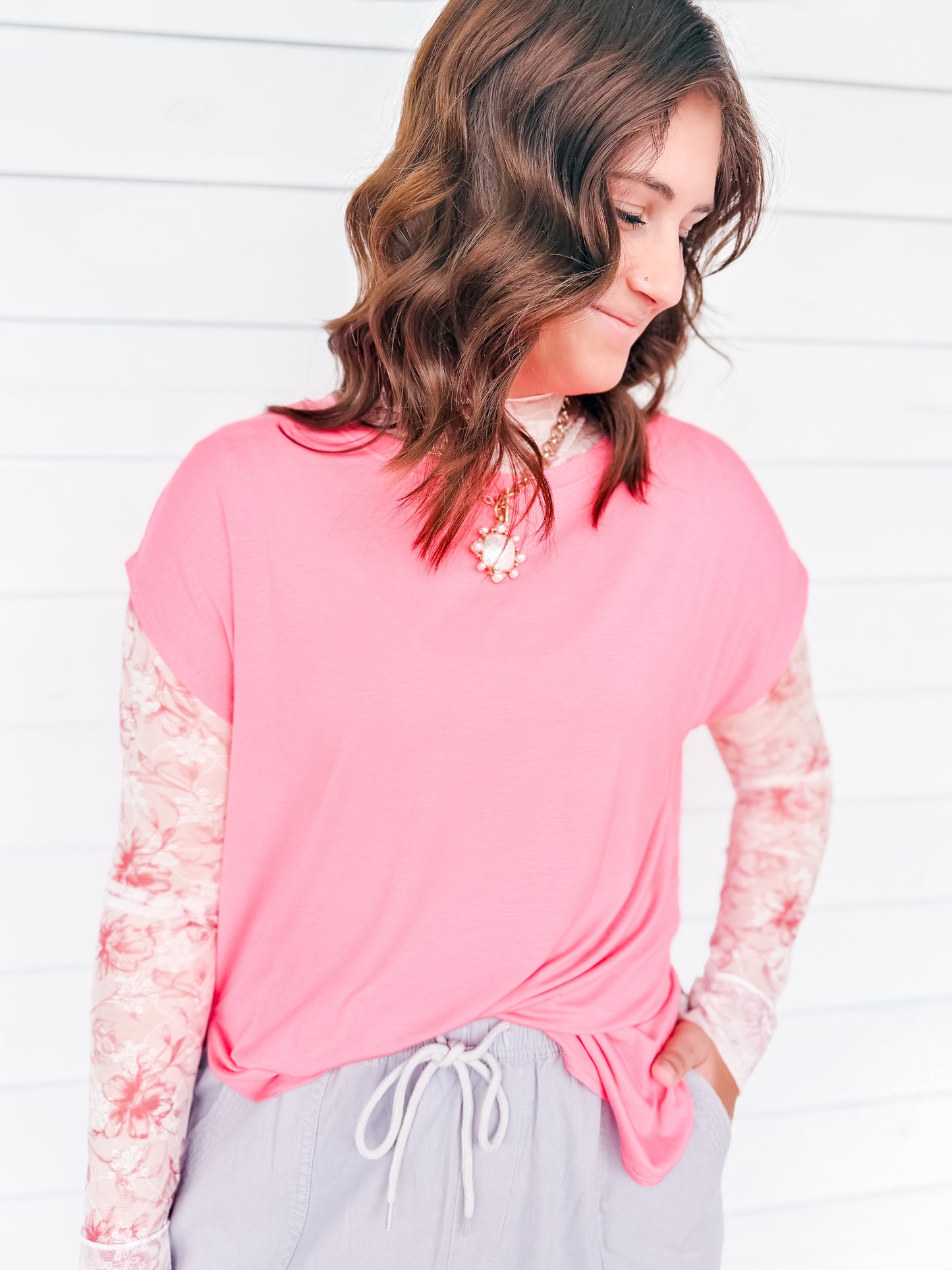 Pink Floral Mesh Top