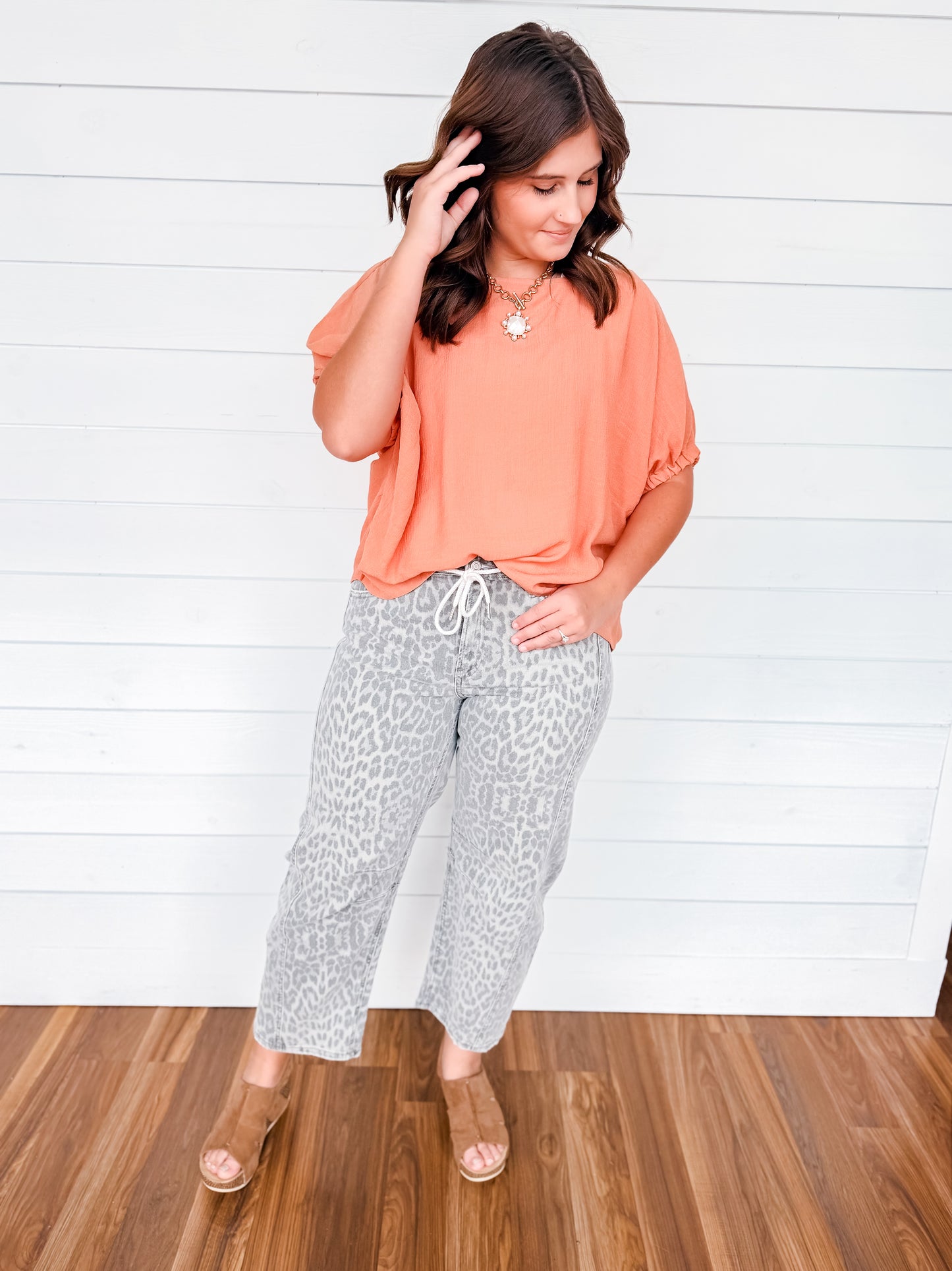 Vervet High Rise Drawstring Grey Leopard Barrel Jeans