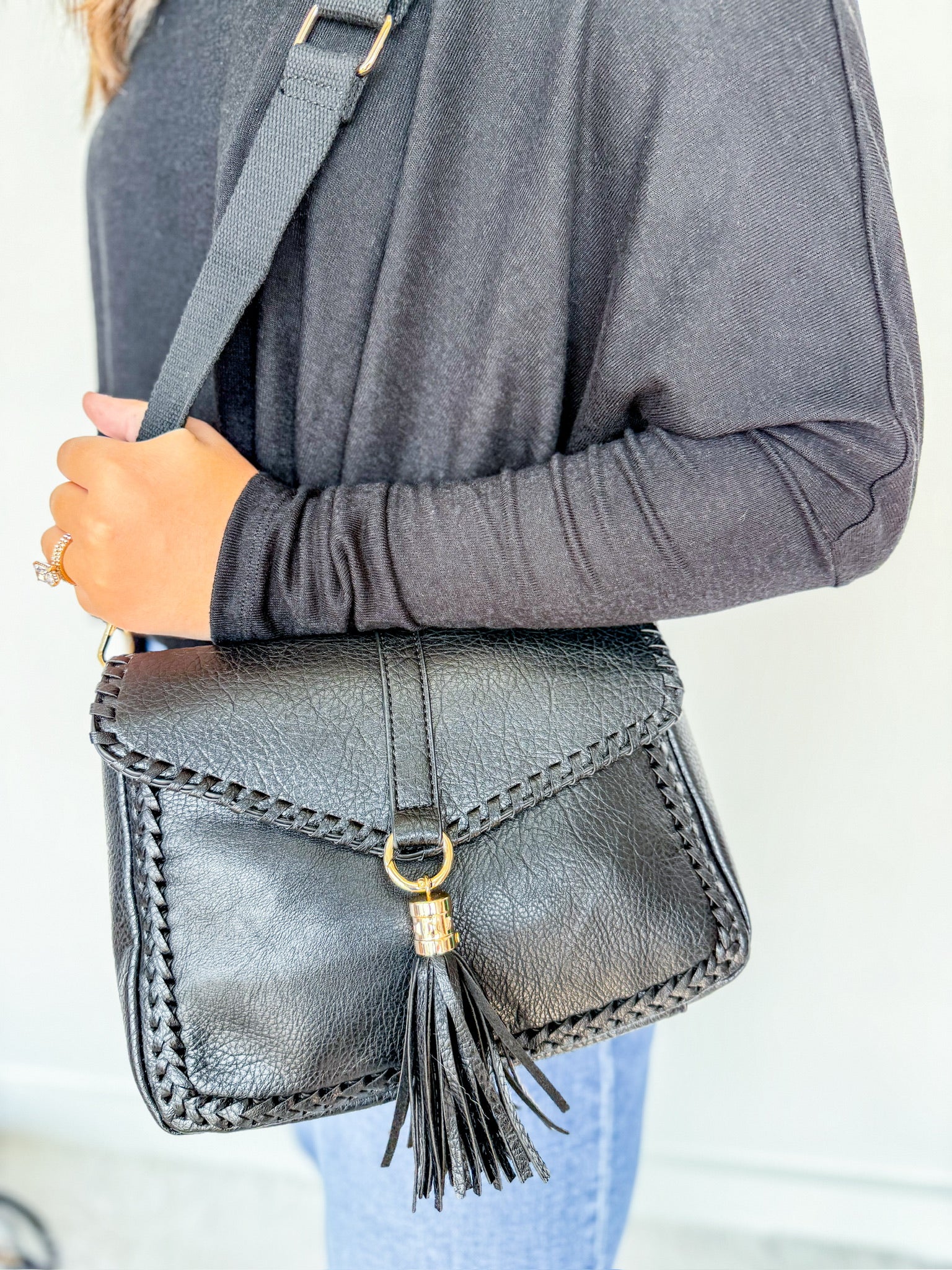 Distressed Vegan Leather Flapover Crossbody Bag with Tassel