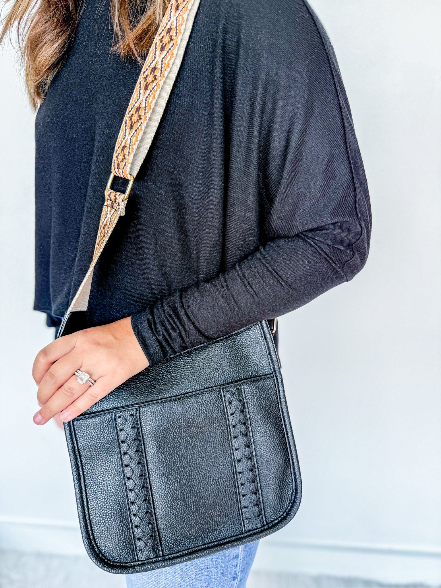 Weaving Detail Guitar Strap Crossbody Bag