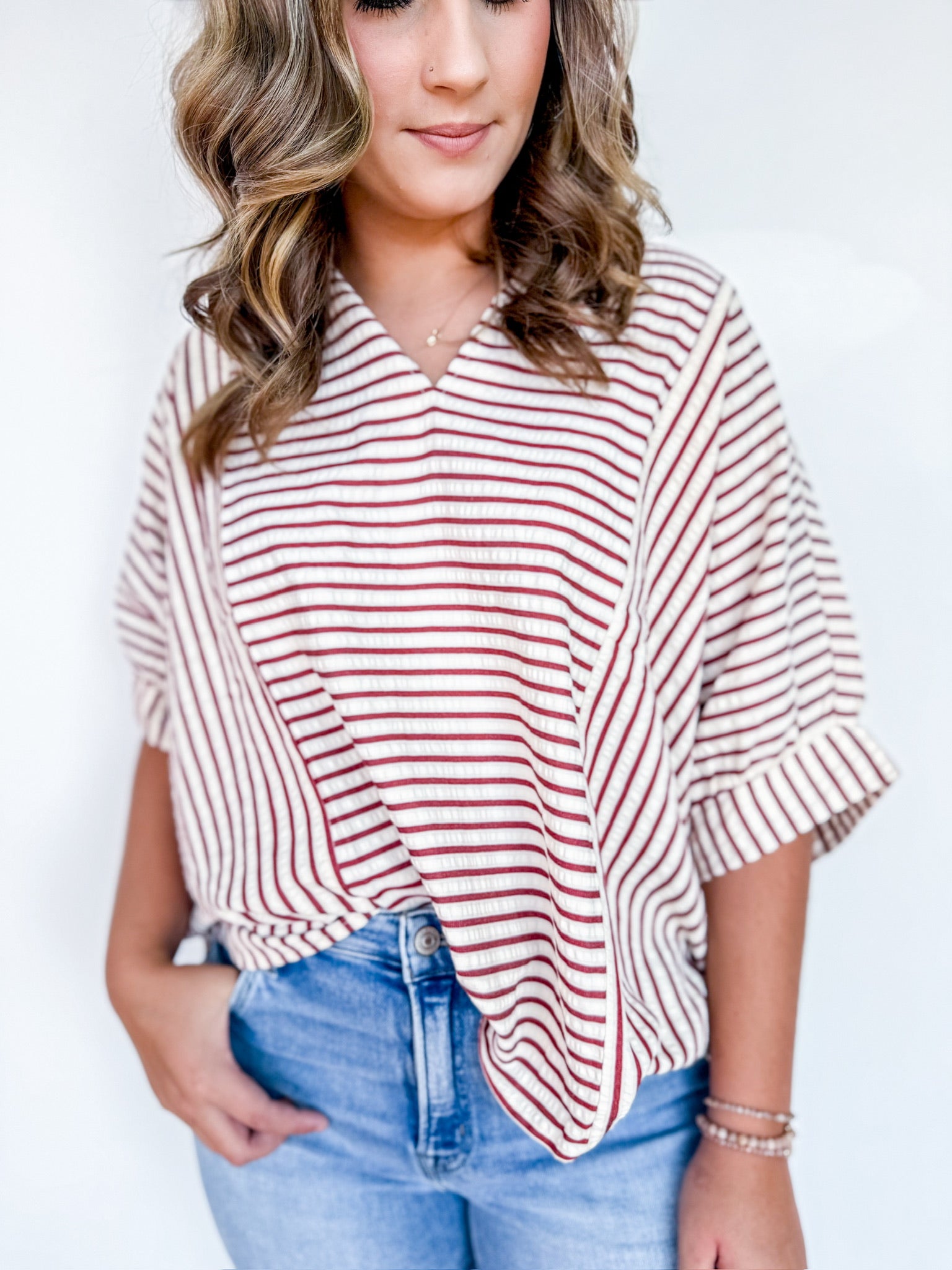 Stripe & Flirt Ruffle Top Two Colors!
