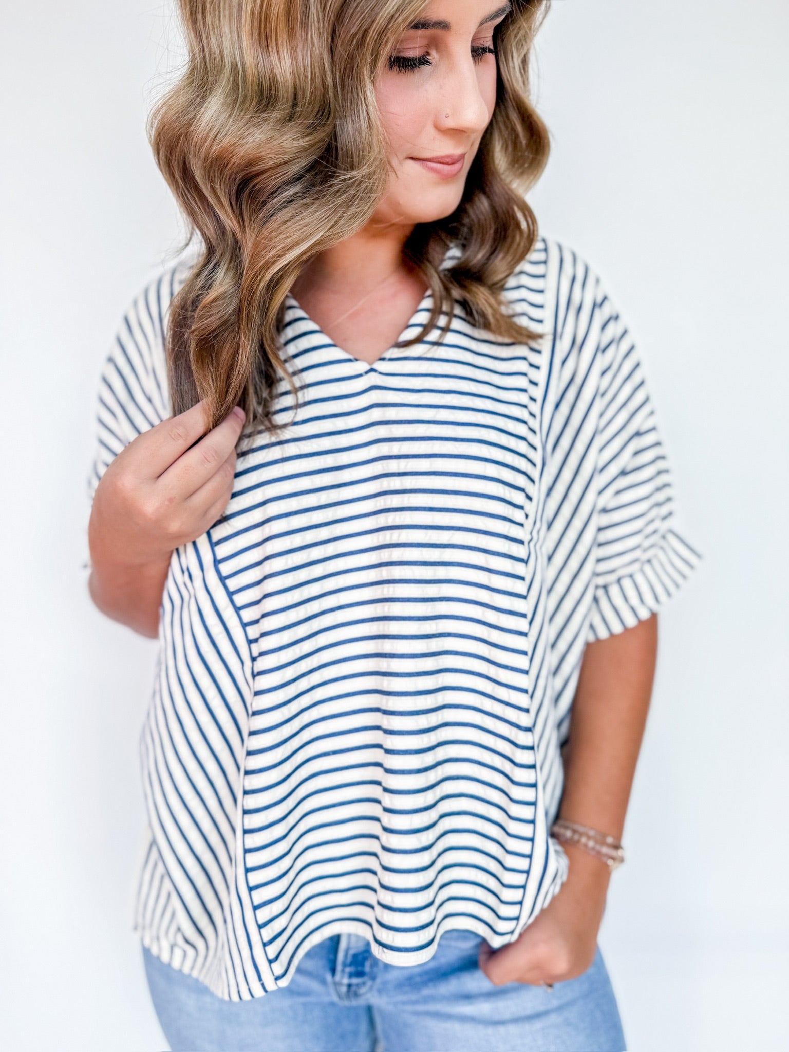 Stripe & Flirt Ruffle Top Two Colors!
