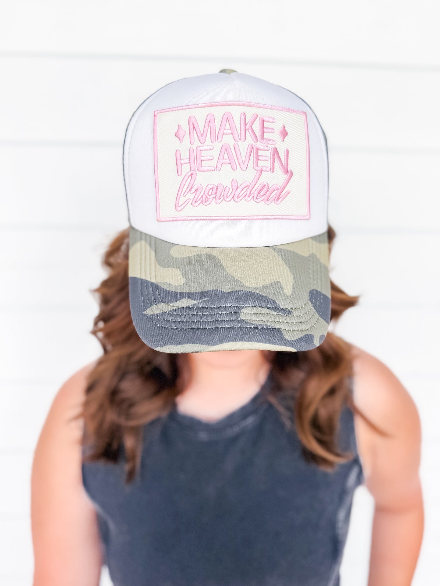 Make Heaven Crowded Camo Trucker Hat