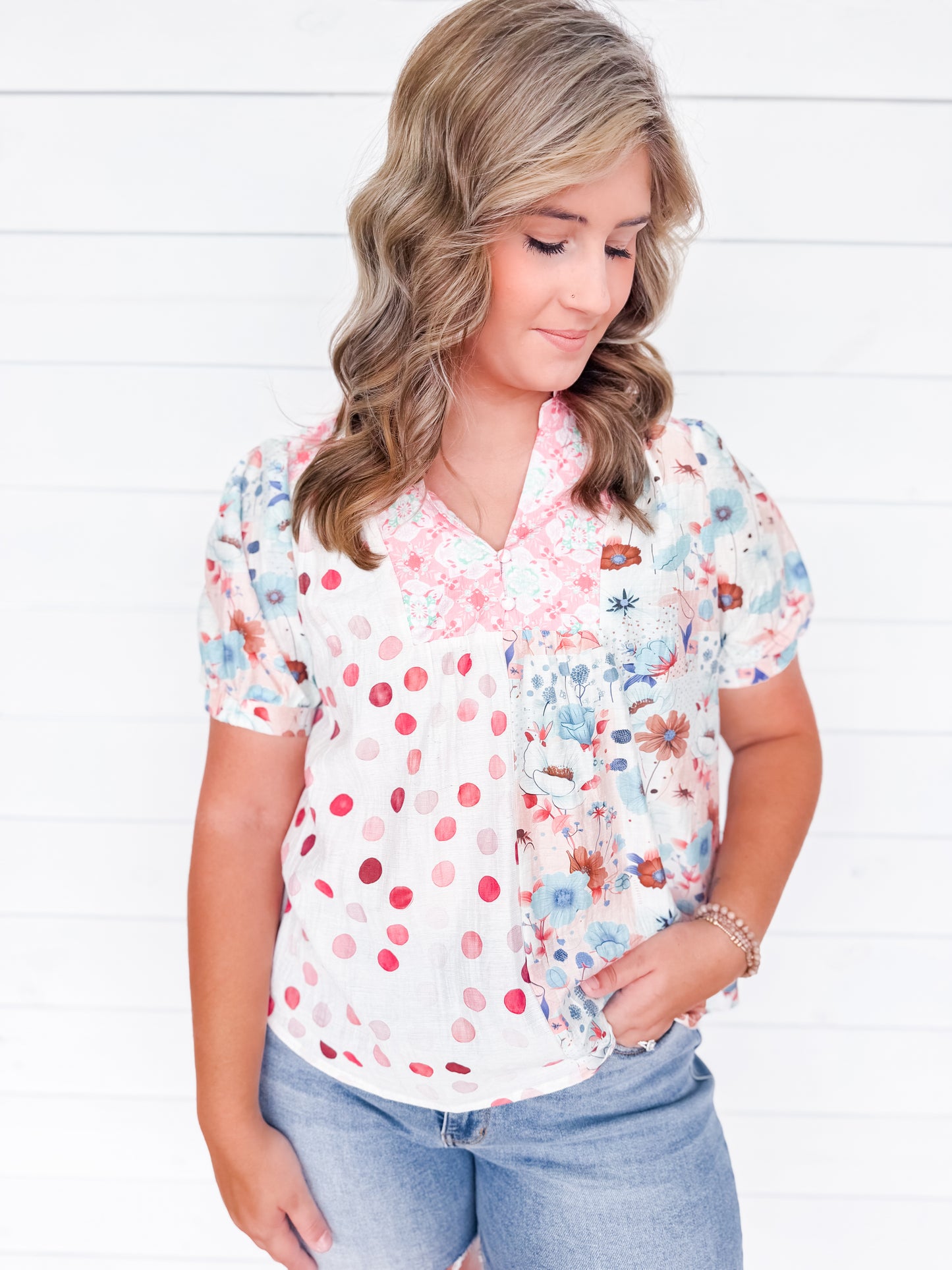 Blush & Breeze Mixed Print Blouse