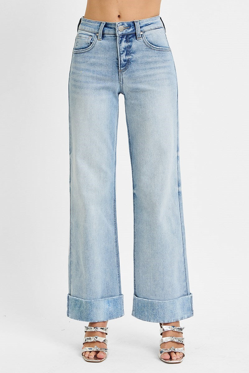 Risen Tummy Control High Rise Wide Cuffed Denim