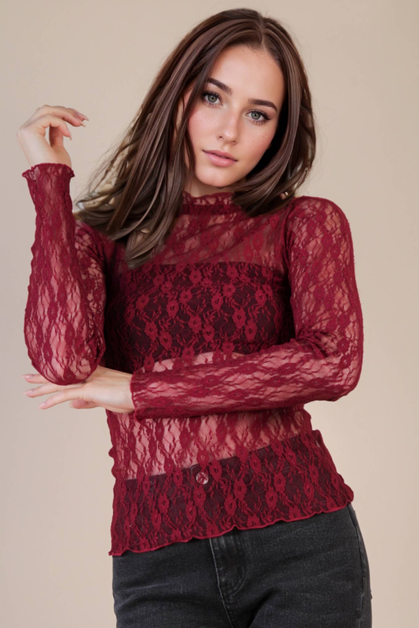 High Neck Fitted Sheer Mesh Lace Knit Top: WINE