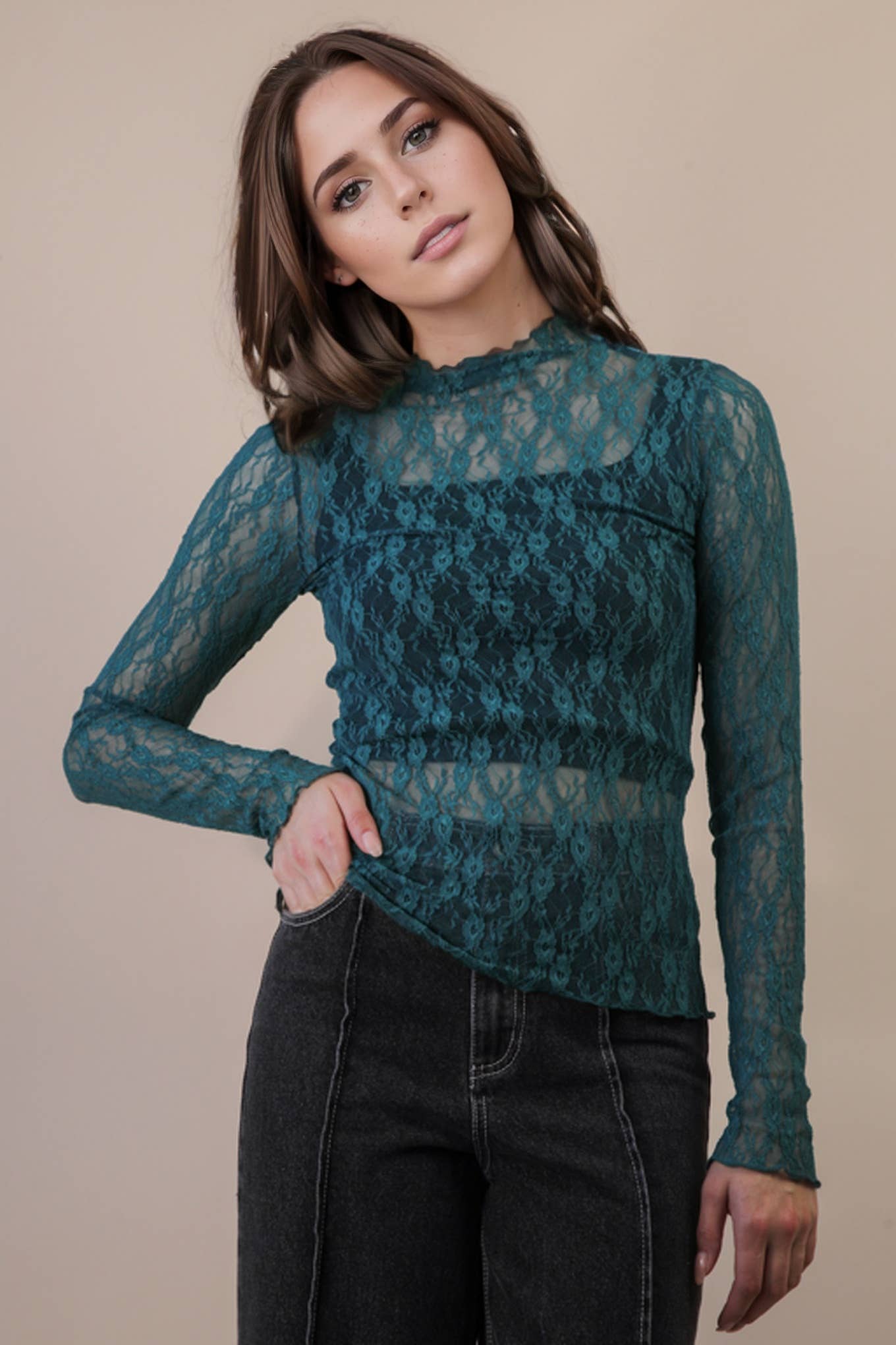 High Neck Fitted Sheer Mesh Lace Knit Top: FOREST