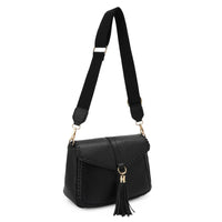 Distressed Vegan Leather Flapover Crossbody Bag with Tassel
