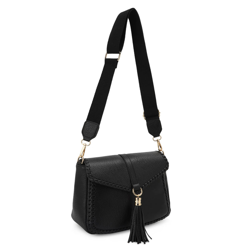 Distressed Vegan Leather Flapover Crossbody Bag with Tassel