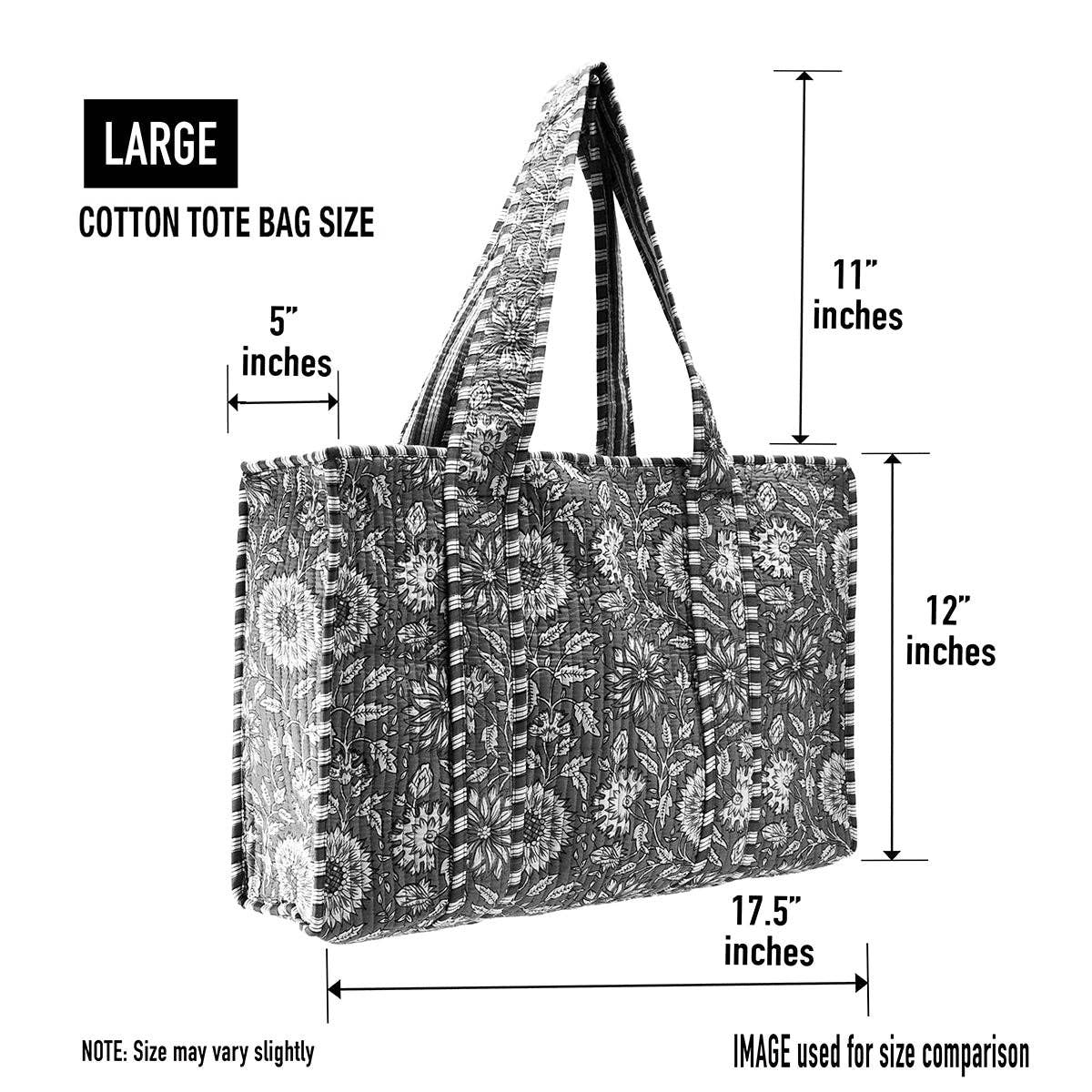 Gray Print Cotton Fabric Patch Block Print Large Tote Bag