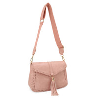 Distressed Vegan Leather Flapover Crossbody Bag with Tassel