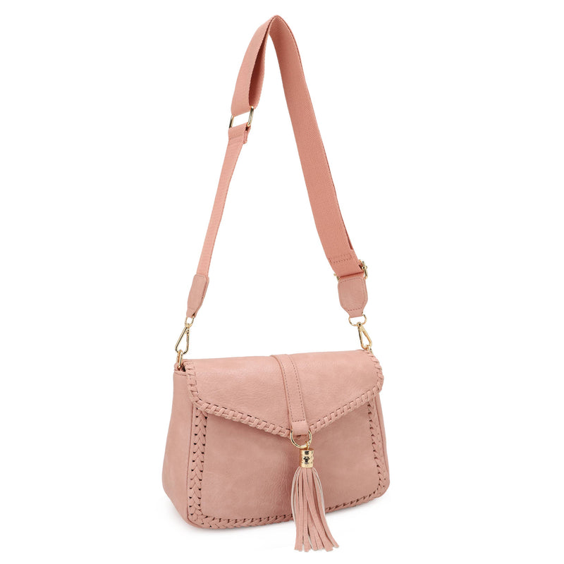 Distressed Vegan Leather Flapover Crossbody Bag with Tassel