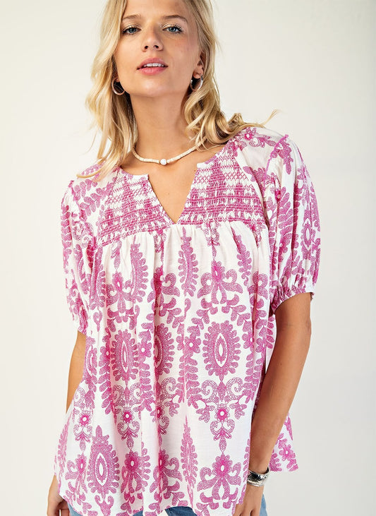 Pink Petal Smocked Short Sleeve Top