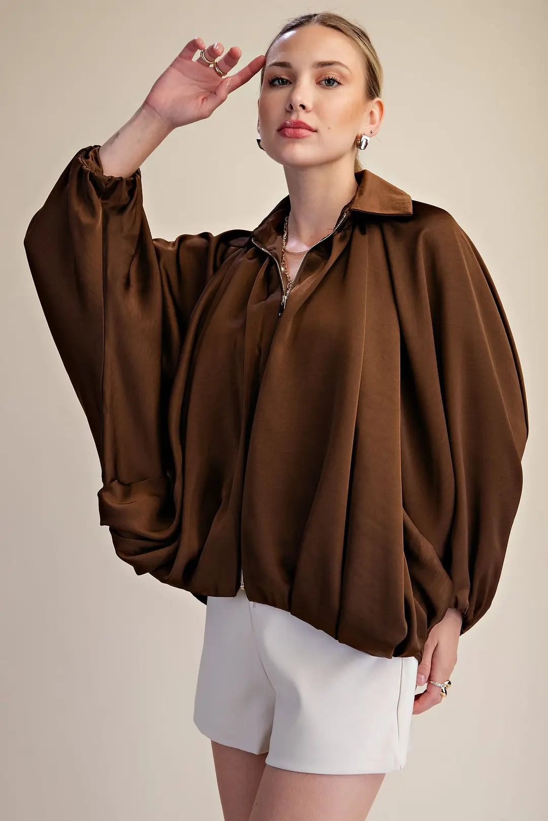 🤎 Mocha Muse Balloon Sleeve Bomber Jacket