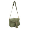 Distressed Vegan Leather Flapover Crossbody Bag with Tassel