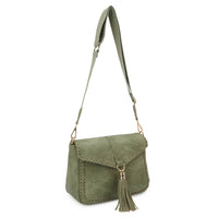 Distressed Vegan Leather Flapover Crossbody Bag with Tassel