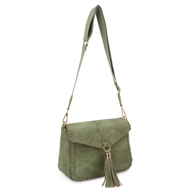 Distressed Vegan Leather Flapover Crossbody Bag with Tassel