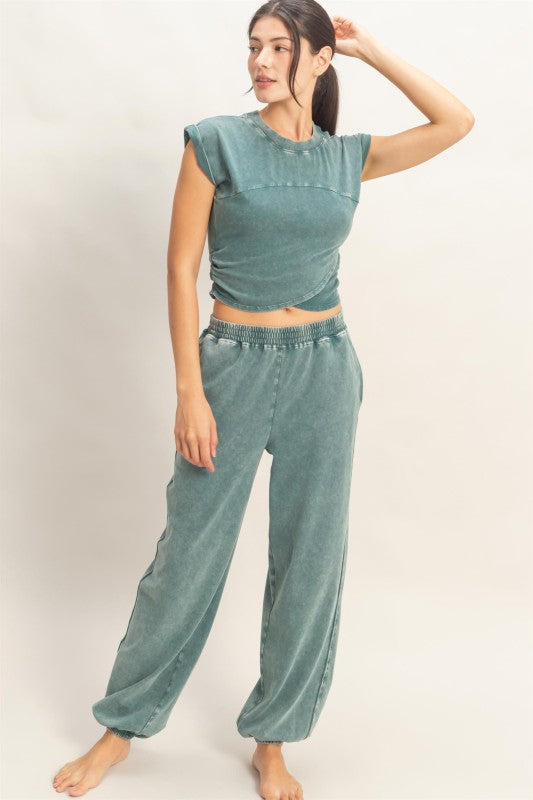 Rolled Sleeve Wrap-front Crop Top And Jogger Set
