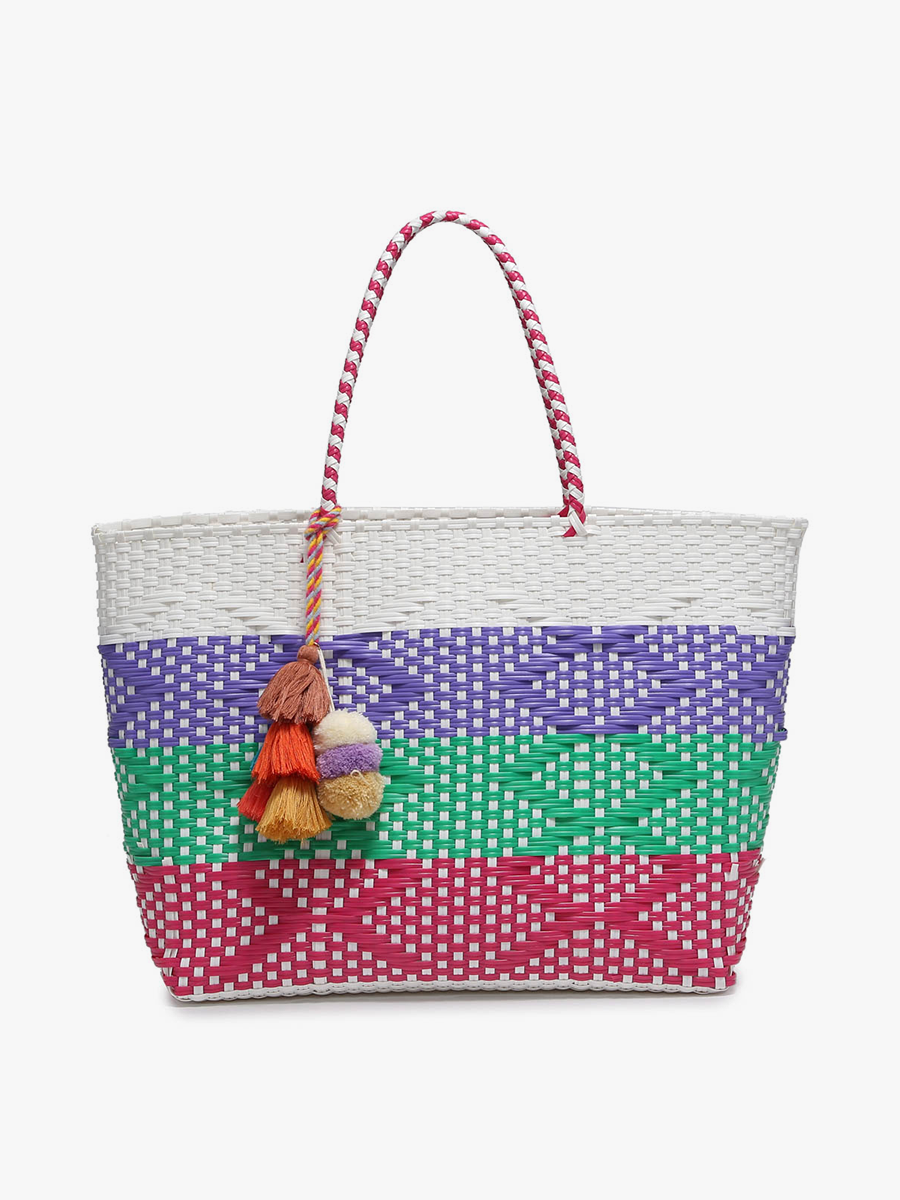 Shelby Large Handwoven Tote w/ Pom-Poms Three colors
