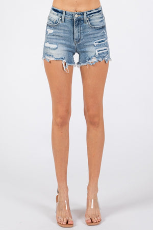 High Rise Patched Shorts With Frayed Hem