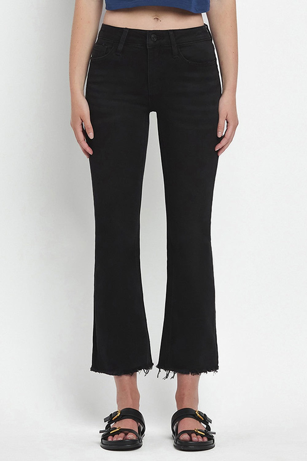 Lovervet Janie Mid Rise Raw Distressed Hem Crop Flare Jeans