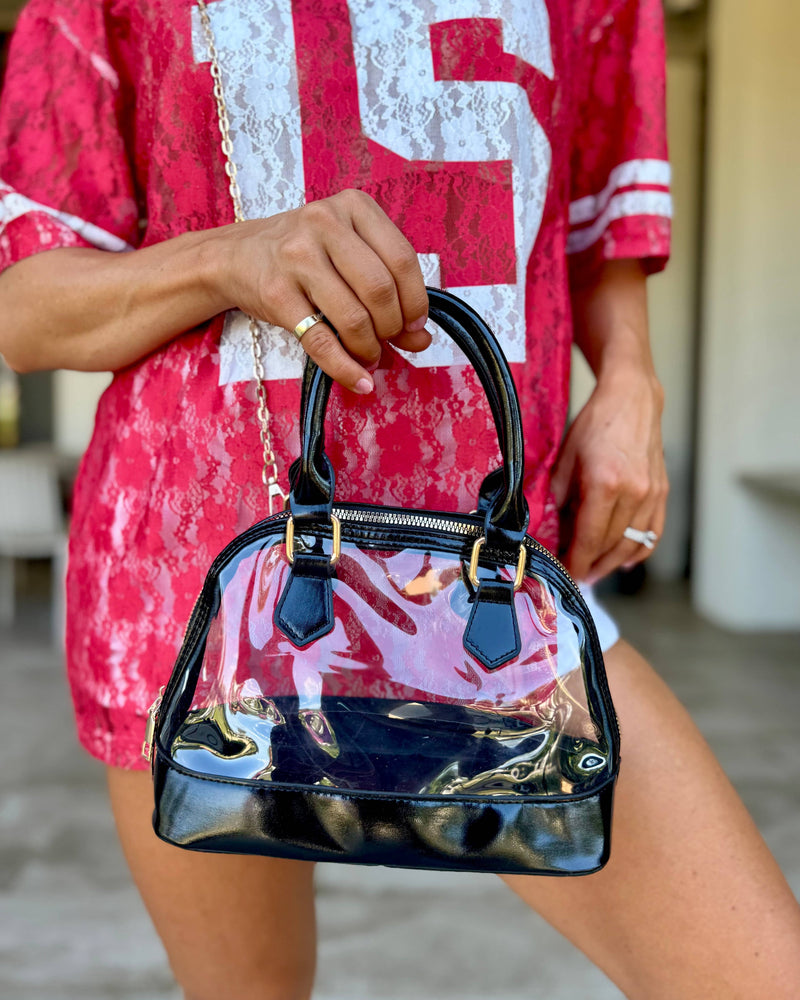 Patent Black Cream Stadium Bag