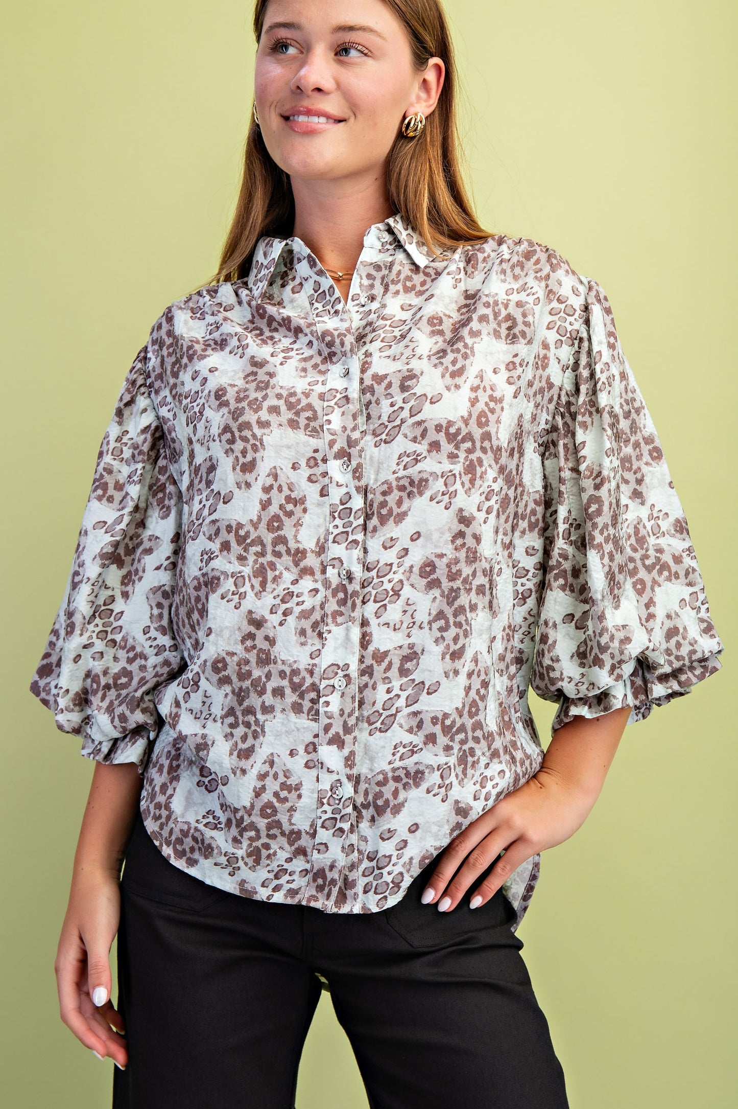 Grey Mix Leopard Print Button Down Blouse