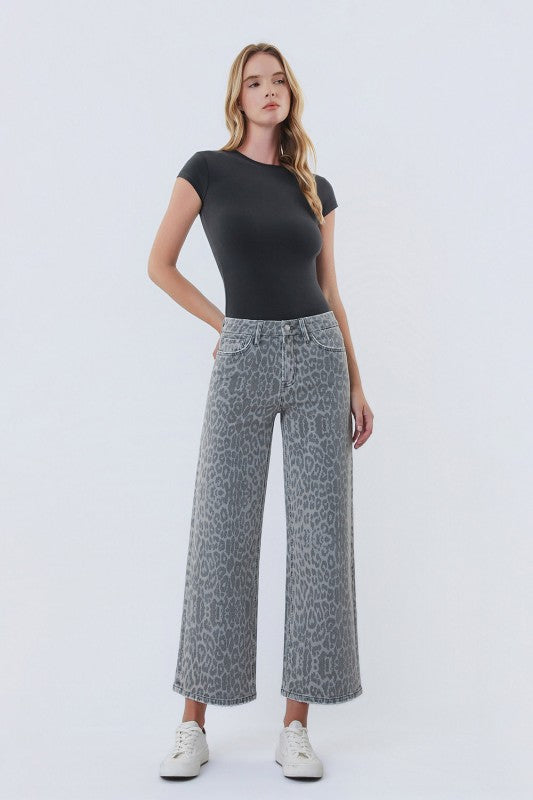 Vervet High Rise Grey Leopard Print Crop Wide Leg Jeans