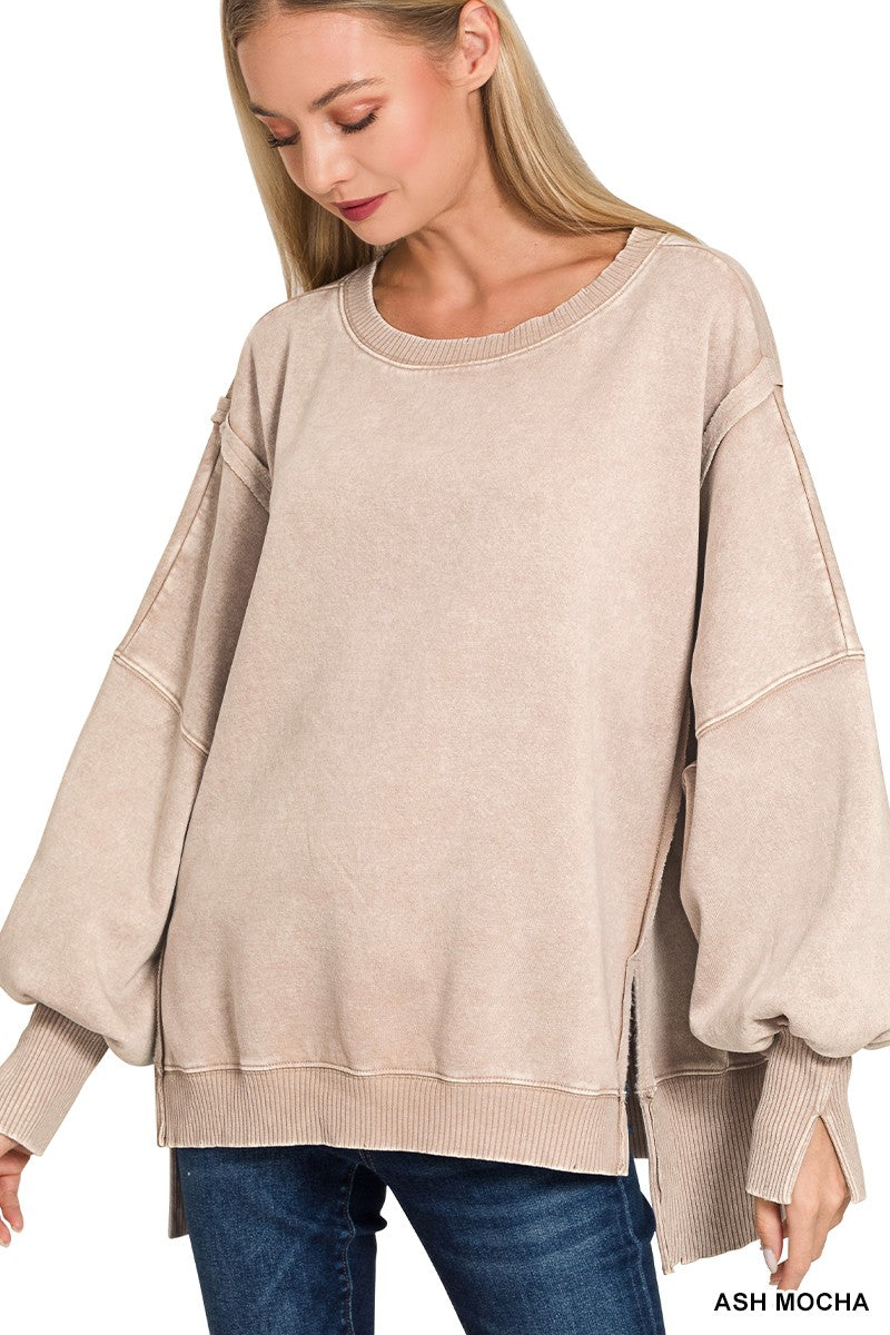 Acid Washed Batwing Sleeve Fleece Sweatshirt Three Colors!