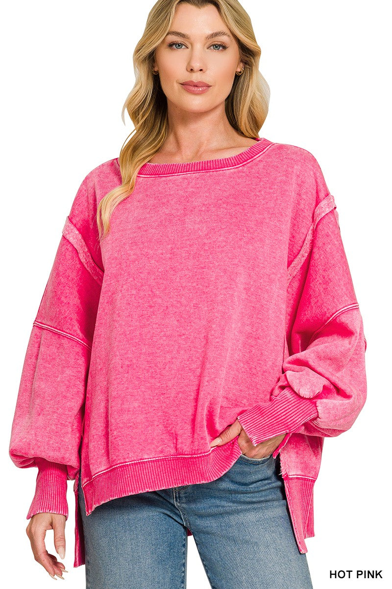 Acid Washed Batwing Sleeve Fleece Sweatshirt Three Colors!