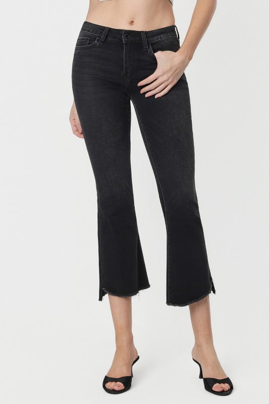 Vervet Mid Rise Raw Hem Black Crop Flares