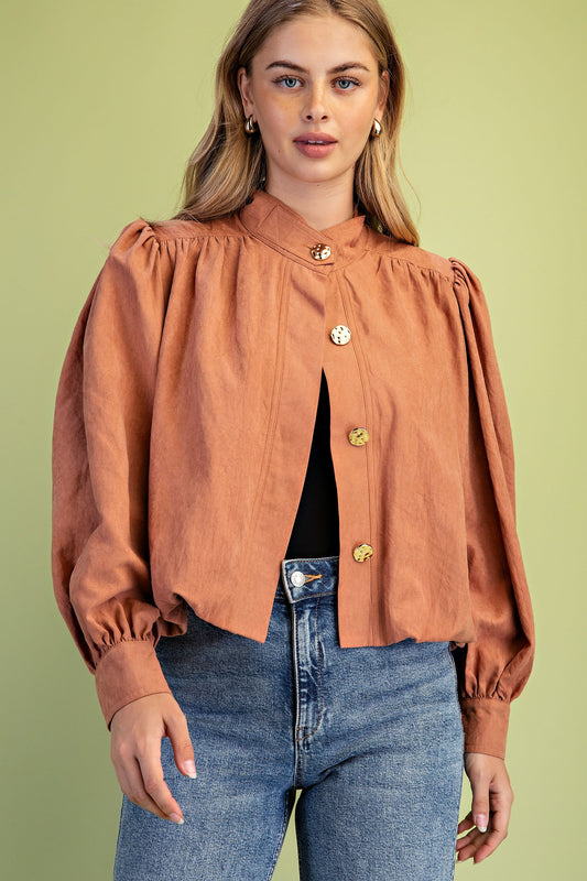Camel Bubble Hem Funnel Neck Jacket