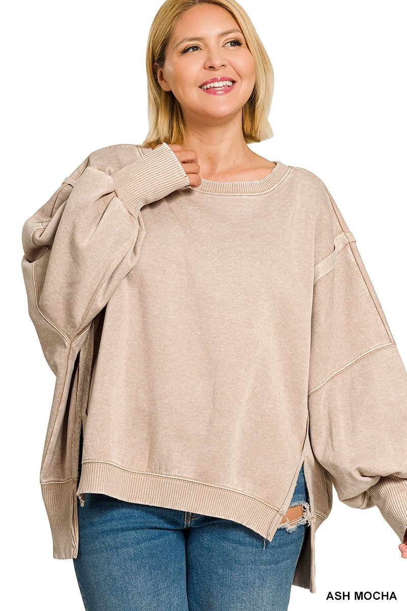 Plus Acid Washed Batwing Sleeve Hi-low Fleece Sweatshirts