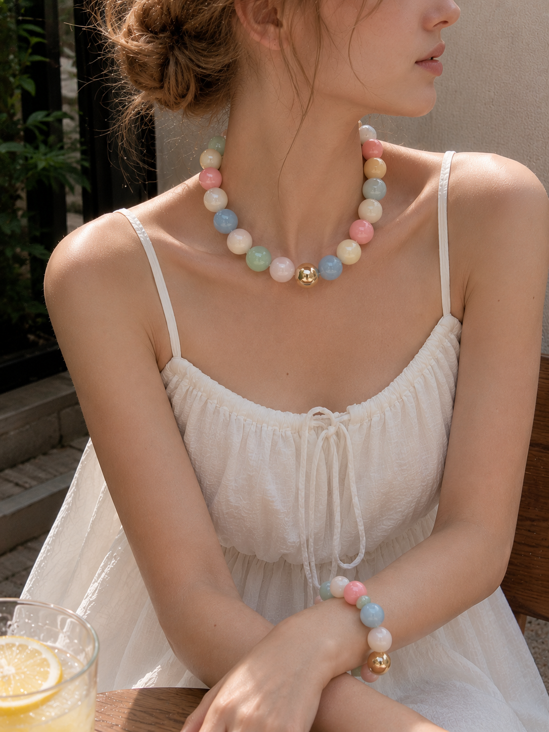 Pastel Marble Statement Beaded Necklace: Multi