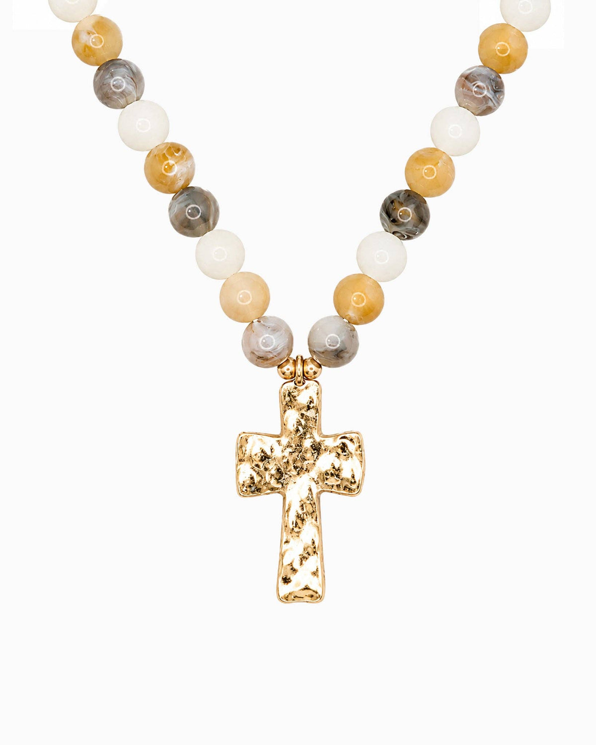 Hammered Cross Pendant Beaded Statement Necklace