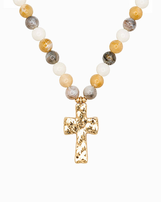 Hammered Cross Pendant Beaded Statement Necklace