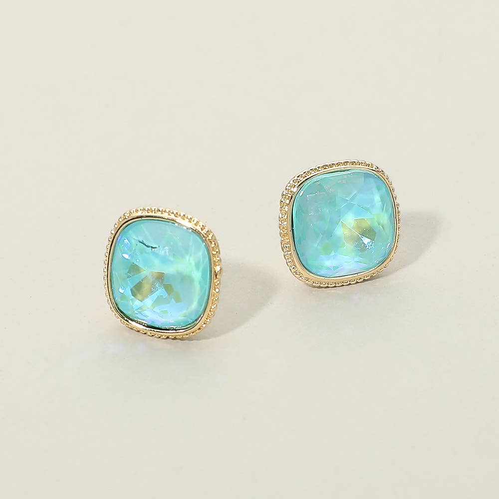 Cushion-cut Faceted Iridescent Stone Stud Earrings: Three Colors
