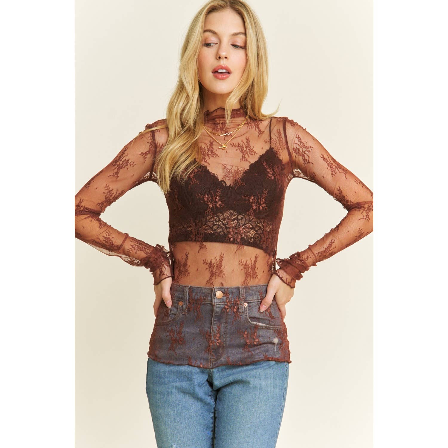 BROWN MESH LACE TOP